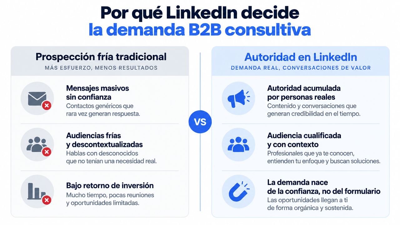 Comparativa entre prospección fría tradicional y construcción de autoridad en LinkedIn para generar leads B2B cualificados.