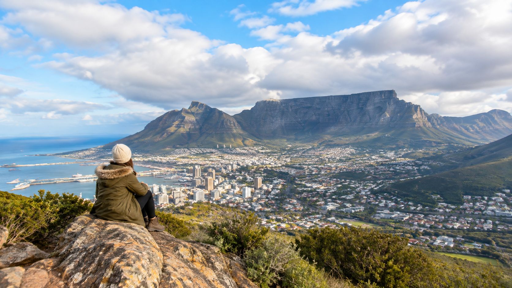 A woman sits on a rocky mountain ledge overlooking the scenic Cape Town coastline and Table Mountain.