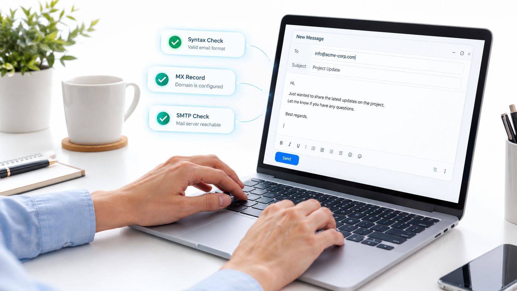 Person typing on a laptop with a pop-up showing email validation checks for syntax, MX records, and SMTP.