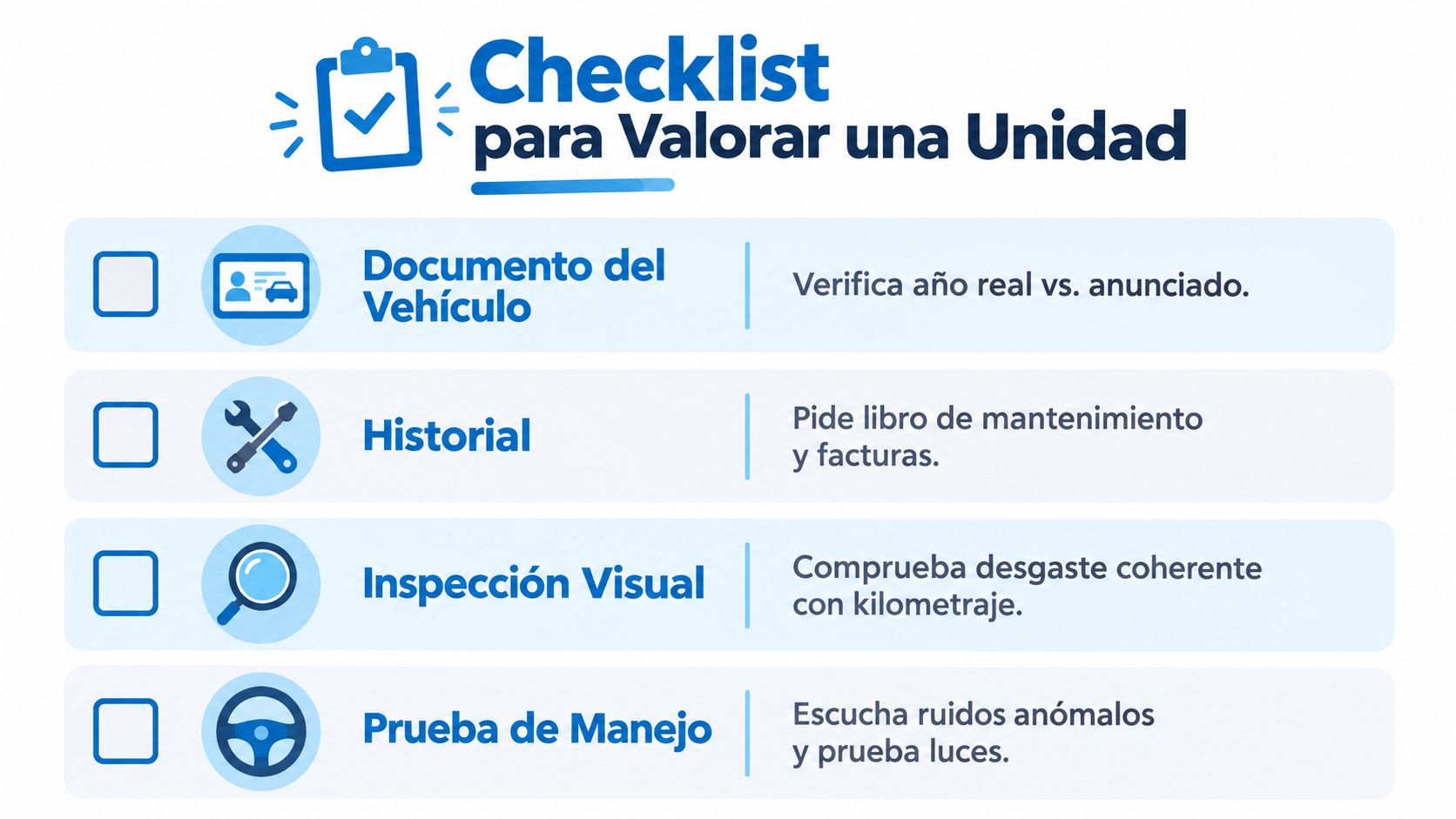 Lista de verificación para evaluar un coche usado, detallando puntos clave como documentos, historial y prueba de manejo.