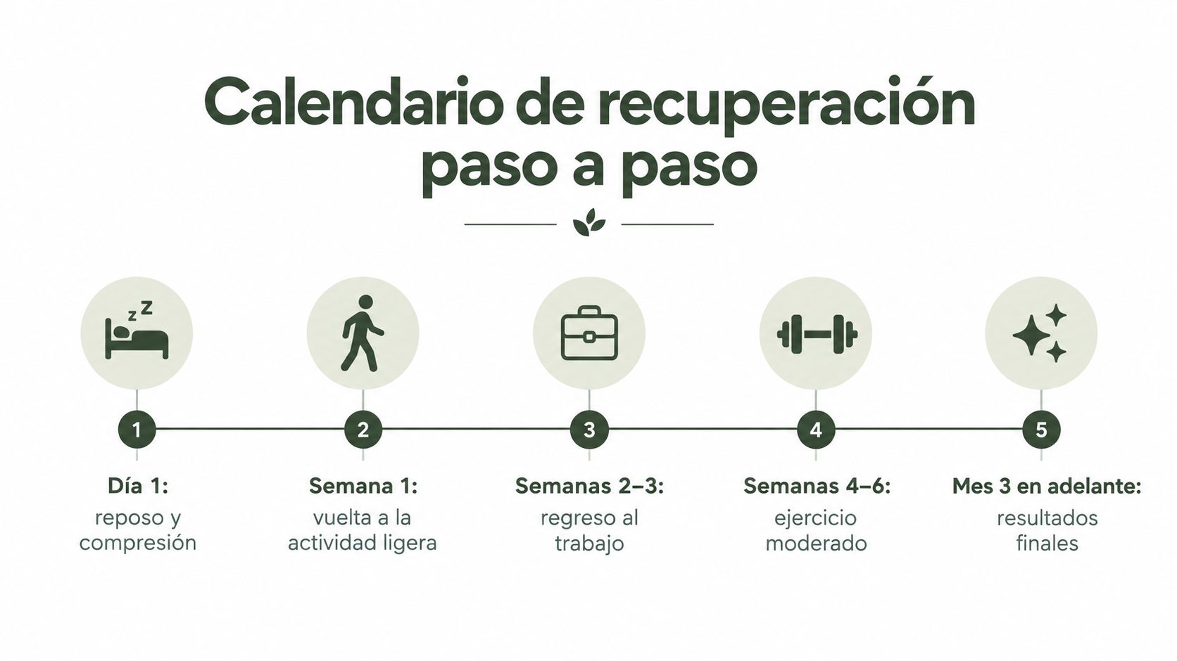 Gráfico que detalla un calendario paso a paso para la recuperación de una cirugía estética masculina.