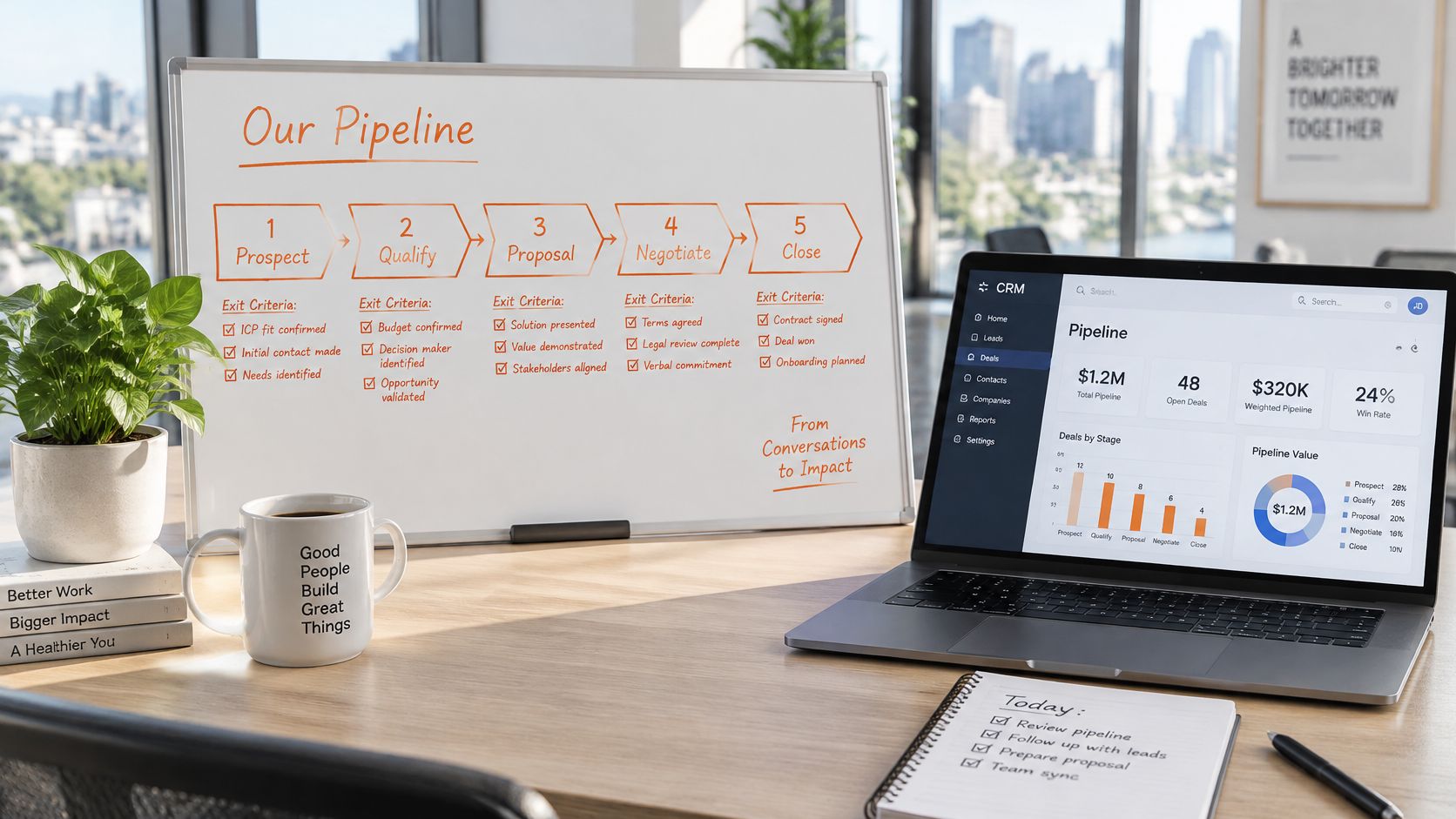 A modern professional desk featuring a whiteboard with a sales pipeline process and a laptop showing analytics.