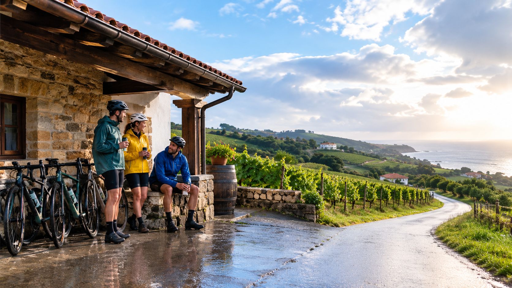 Three cyclists in gear resting near a stone farmhouse overlooking a lush Basque Country vineyard and ocean.