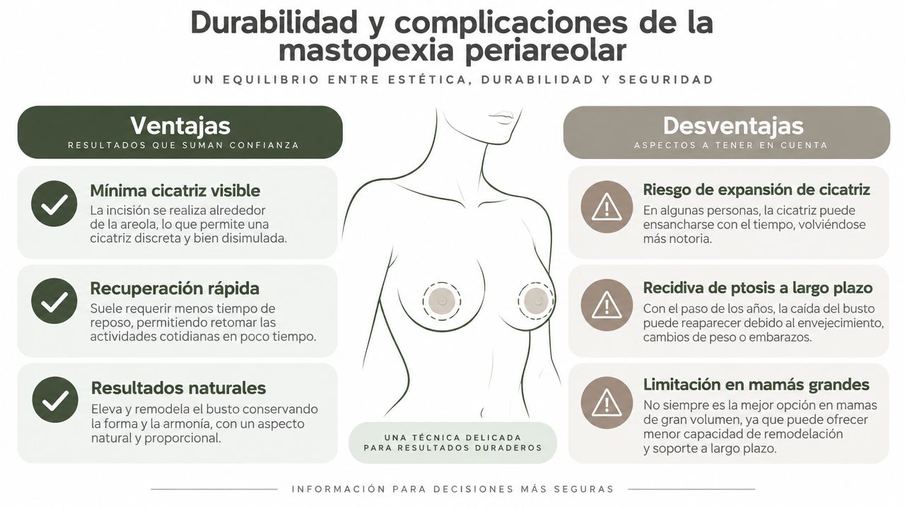 Infografía sobre las ventajas y desventajas de la mastopexia periareolar para un procedimiento informado y seguro.