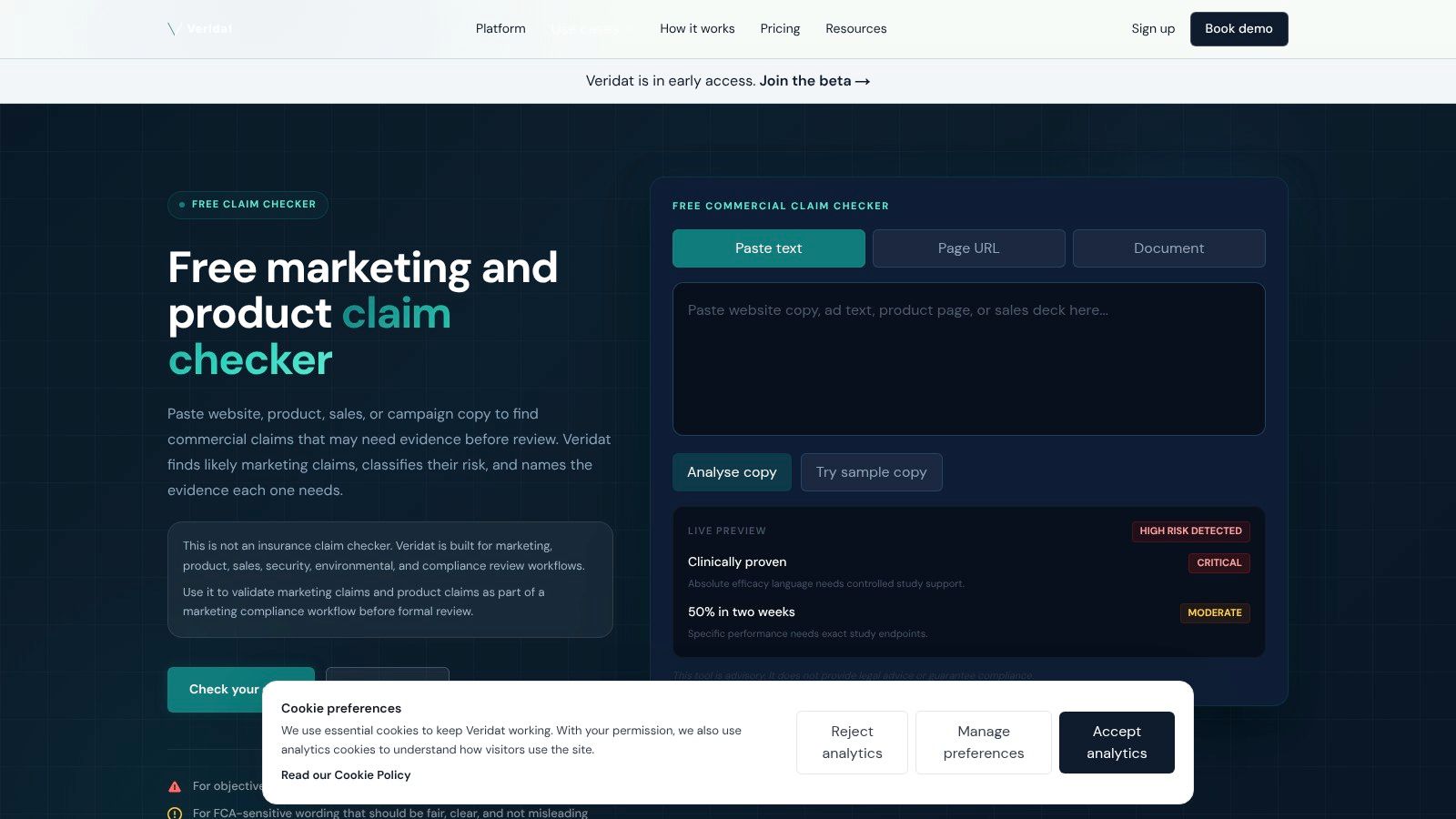 Veridat Marketing and Product Claim Checker