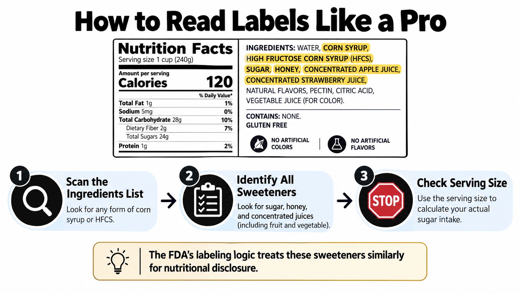 An educational infographic teaching how to read nutrition labels and identify hidden added sweeteners in ingredients.