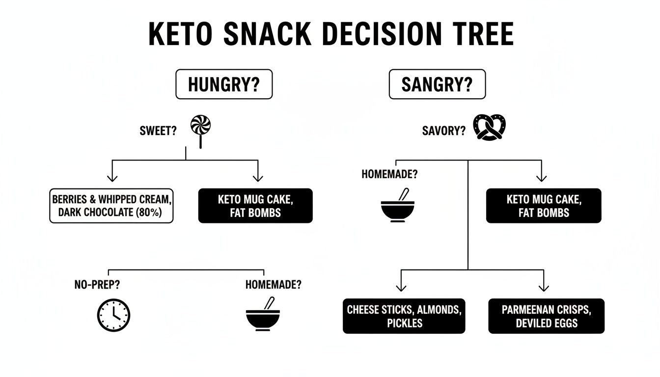 A detailed keto snack decision tree flowchart offering options for sweet or savory cravings.