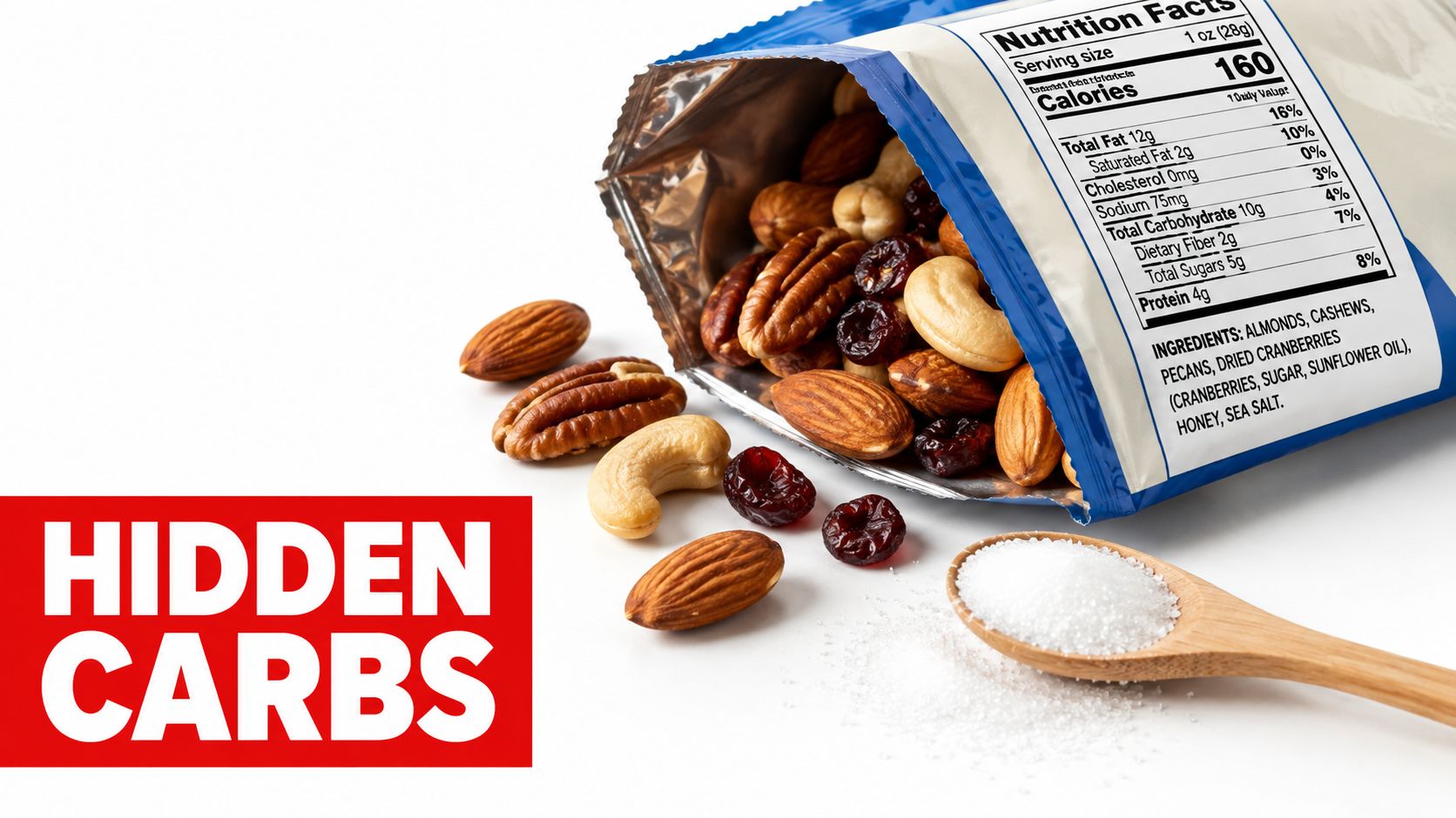 A bag of mixed nuts and cranberries with a wooden spoon of sugar showing hidden carbs.
