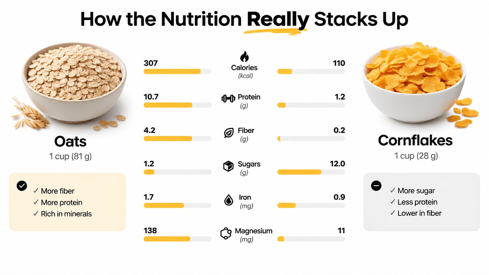 A nutritional comparison chart showing the differences between raw oats and processed cornflakes for healthy breakfast choices.