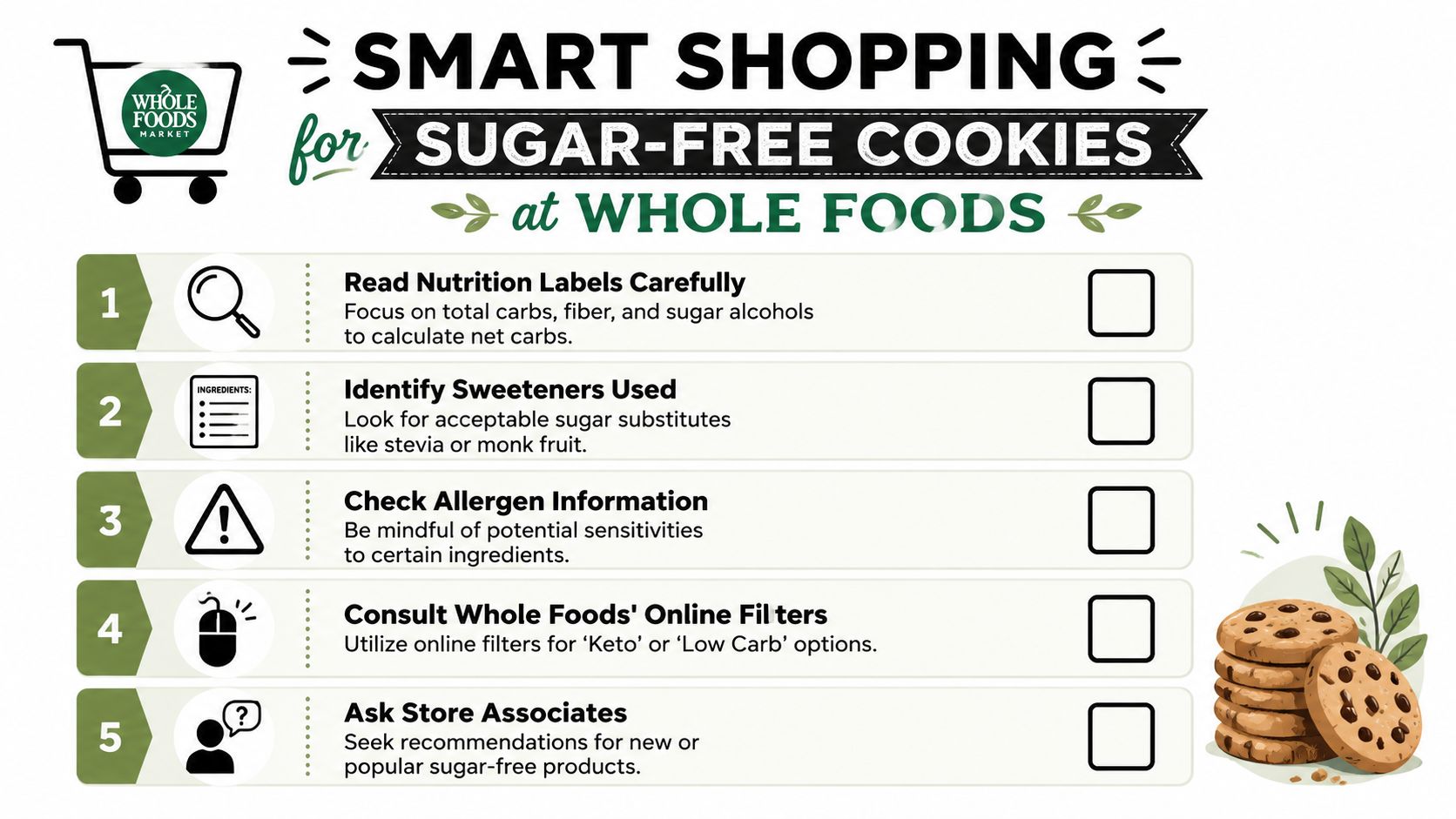A helpful infographic showing five steps for shopping for sugar-free cookies at Whole Foods Market.