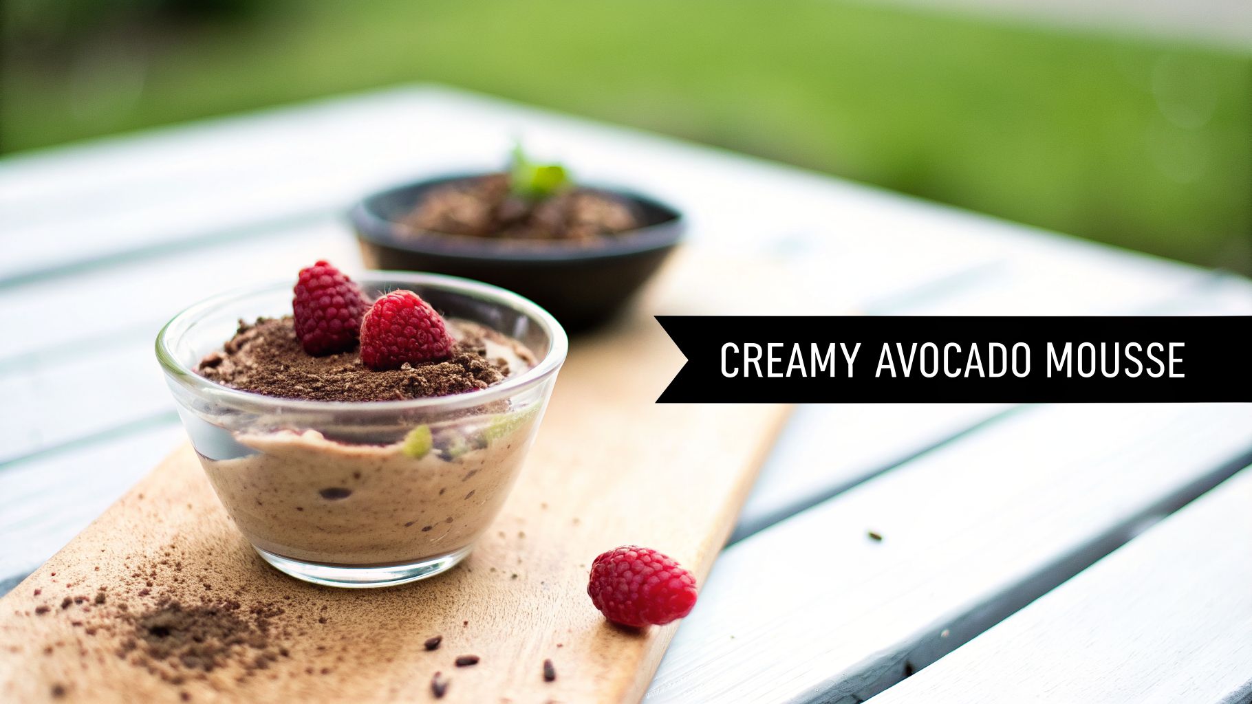 A glass bowl of creamy avocado mousse topped with chocolate crumbles and fresh raspberries on a wooden board.