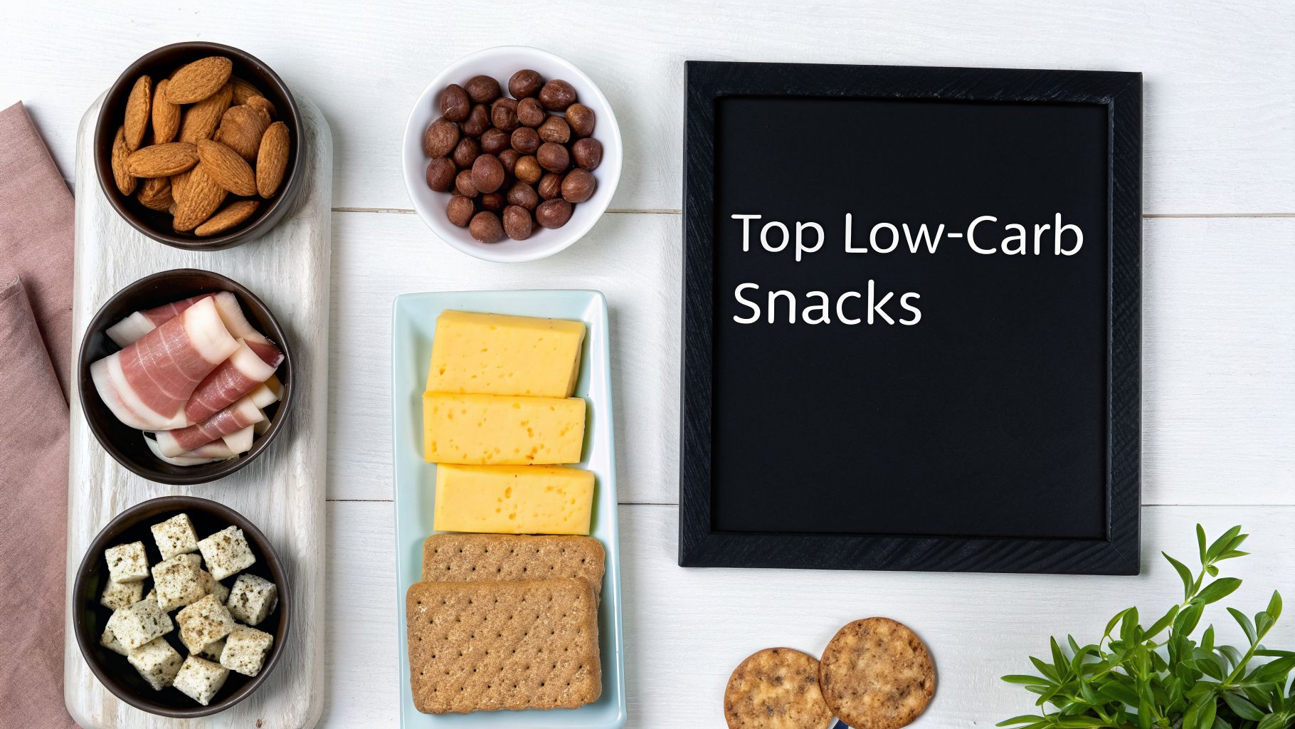 An overhead view of various low-carb snacks including nuts, cheese, meat, and a blackboard.