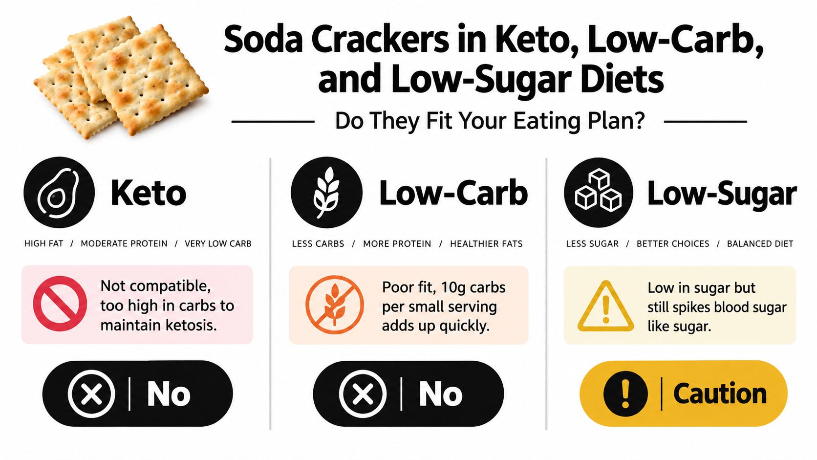 A nutritional infographic evaluating soda crackers for keto, low-carb, and low-sugar diets with final recommendations.