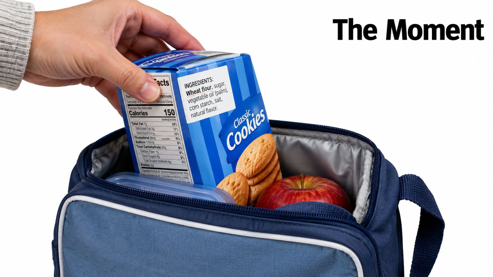 A hand placing a box of classic cookies into an open blue lunch bag containing an apple.
