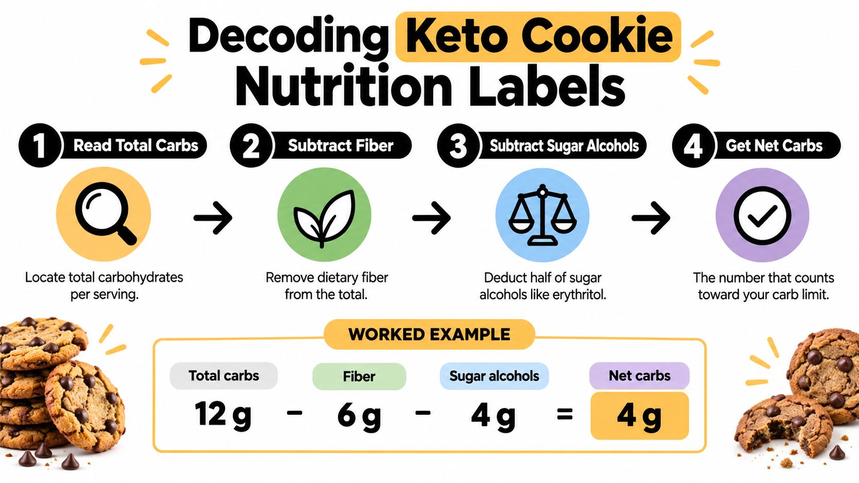 An infographic showing the four steps to calculate net carbs for keto cookies with a worked example.
