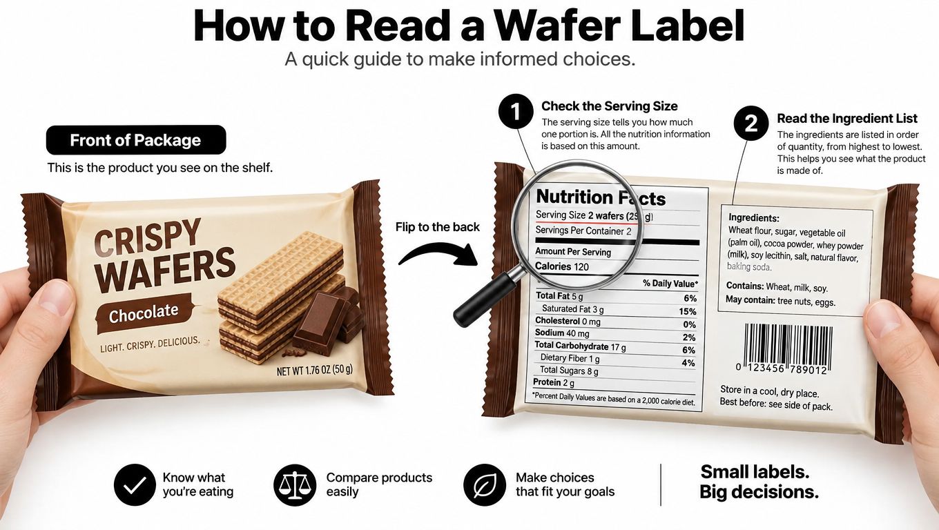 An educational guide explaining how to read a nutrition label on a package of chocolate crispy wafers.