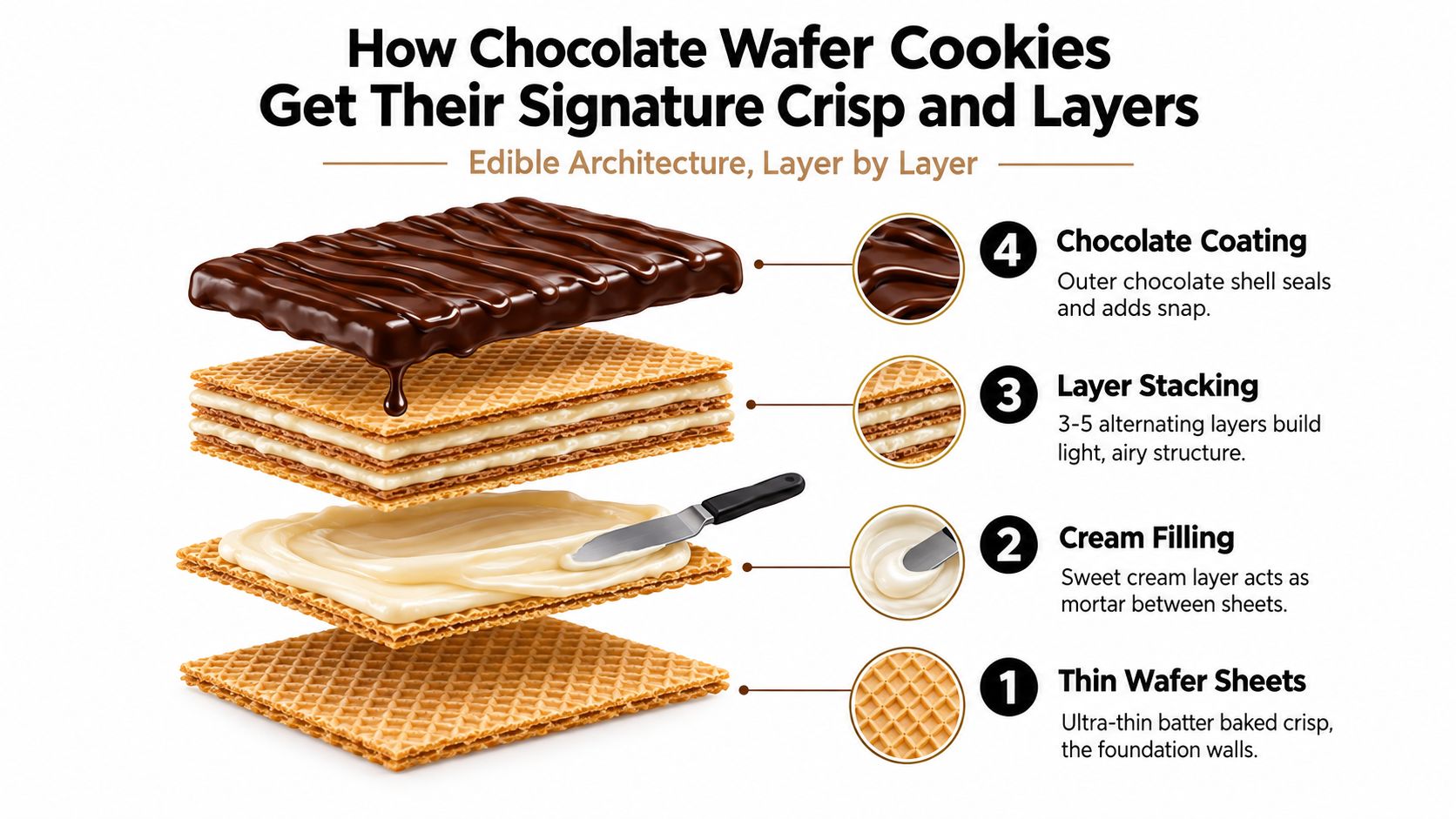 An infographic showing the four layers of a chocolate wafer cookie, from the base wafer to the chocolate coating.
