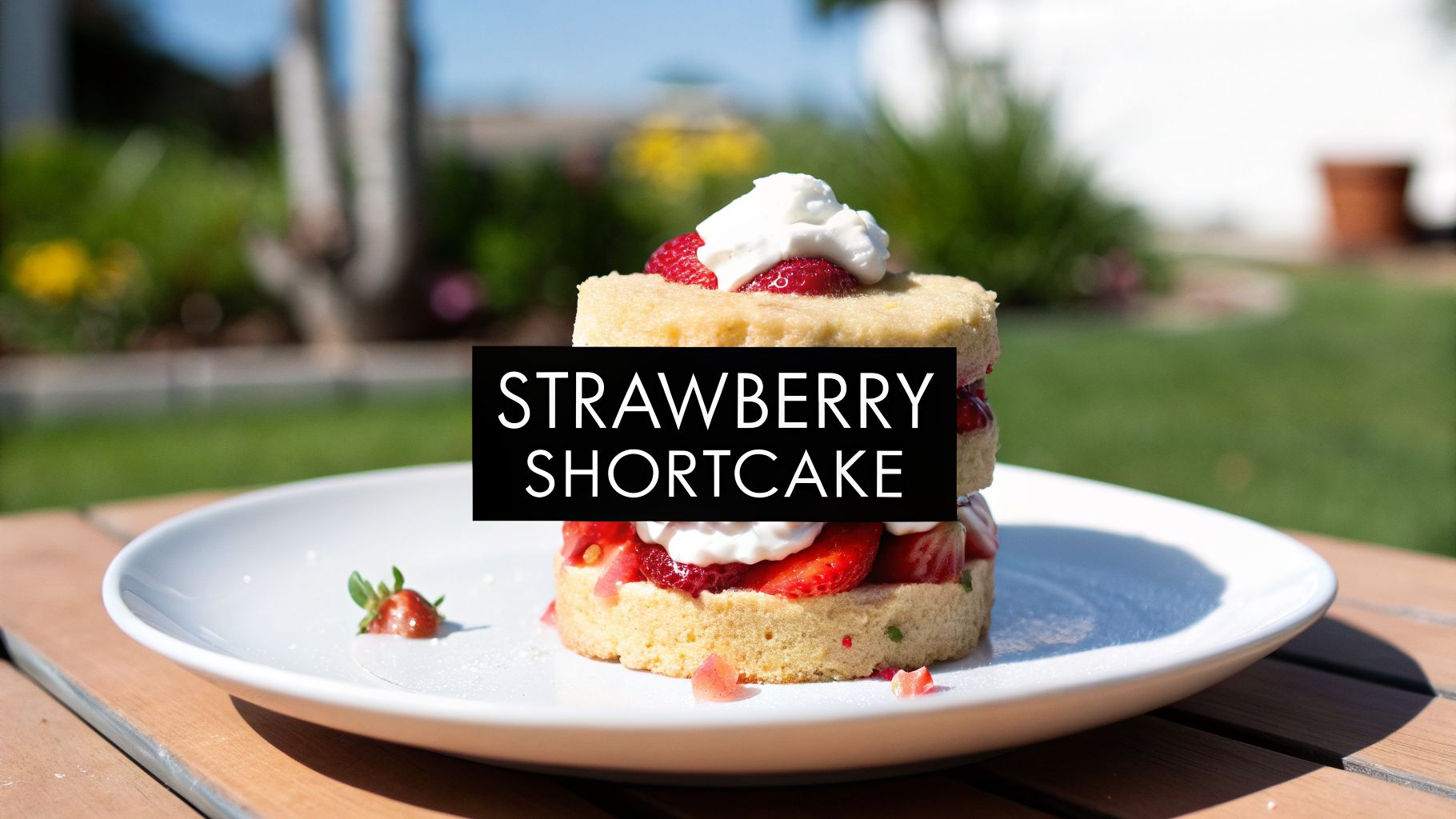 A delicious two-layer strawberry shortcake with whipped cream and fresh berries on a white plate, outdoors.