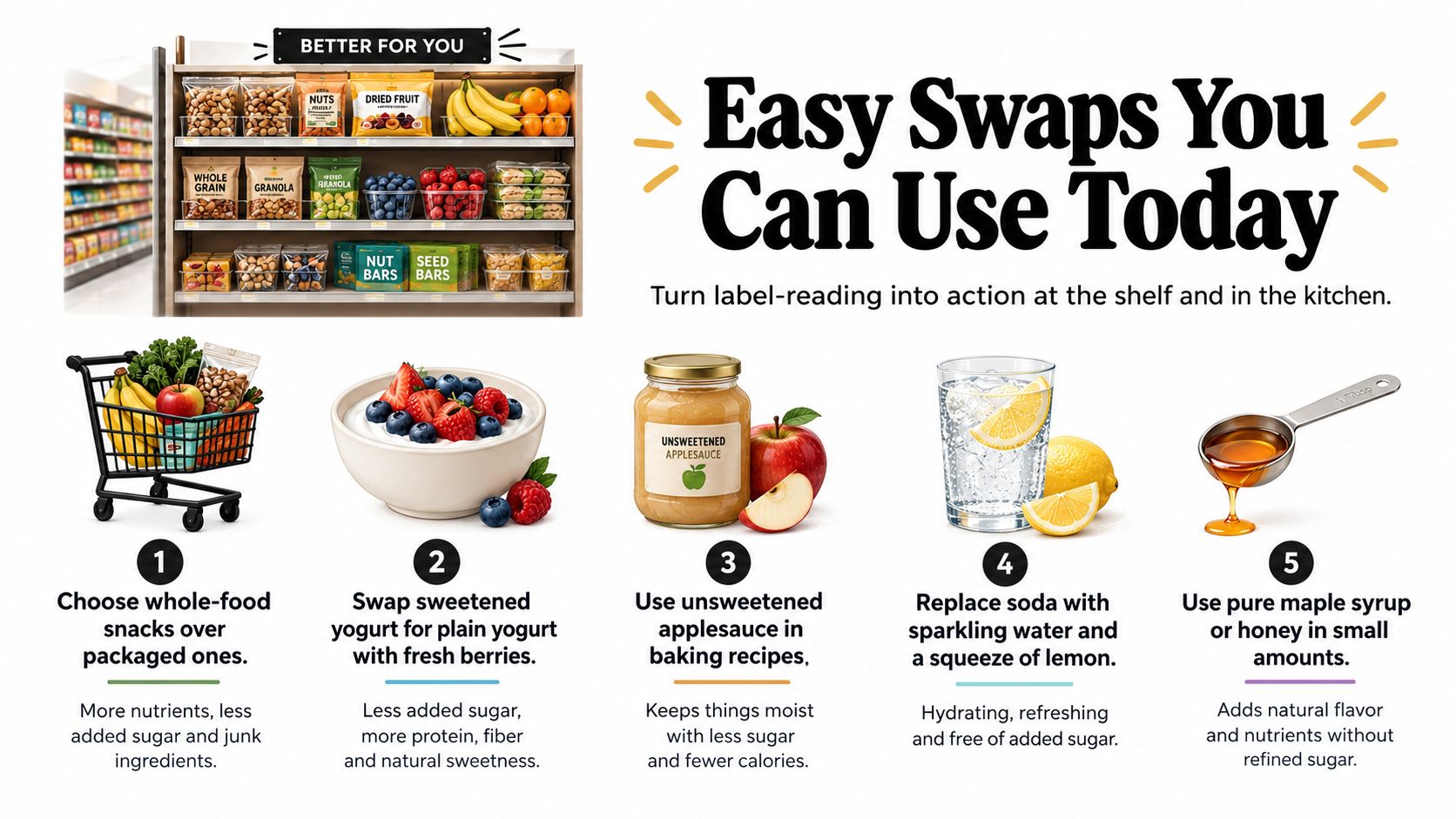 An infographic showing five healthy food swaps to reduce sugar intake and improve nutrition for daily meals.
