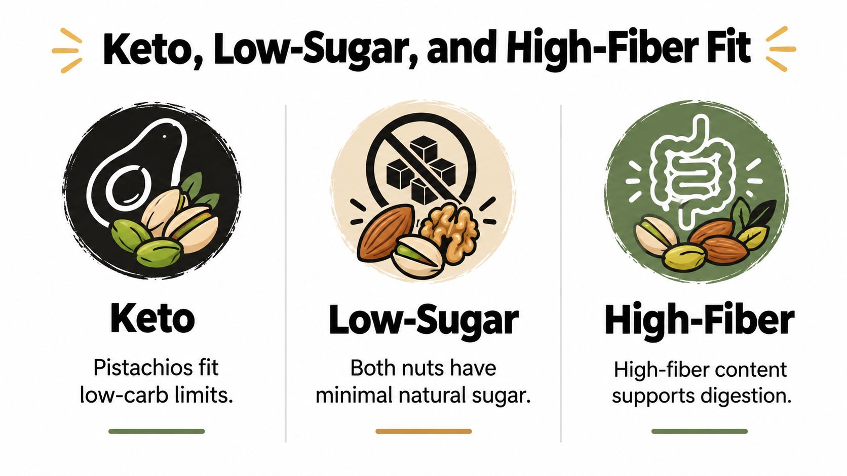 A nutritional infographic highlighting that pistachios are keto-friendly, low-sugar, and high-fiber for digestive health.
