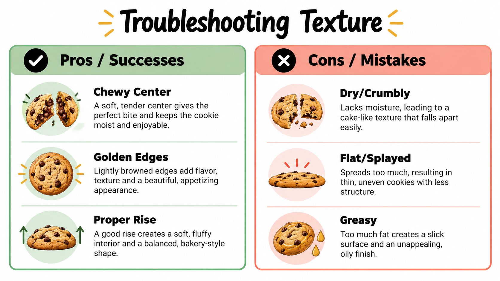 A helpful infographic troubleshooting cookie texture issues, comparing pros like chewy centers against common baking mistakes.