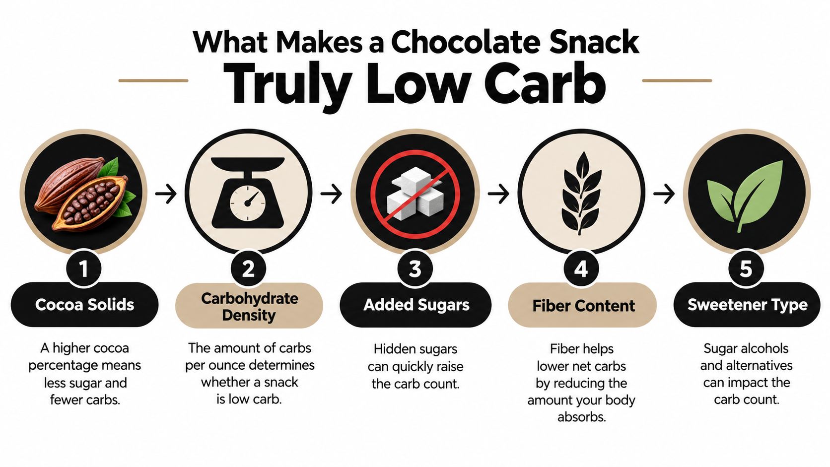 An infographic illustrating five key factors for identifying a truly low carb chocolate snack.