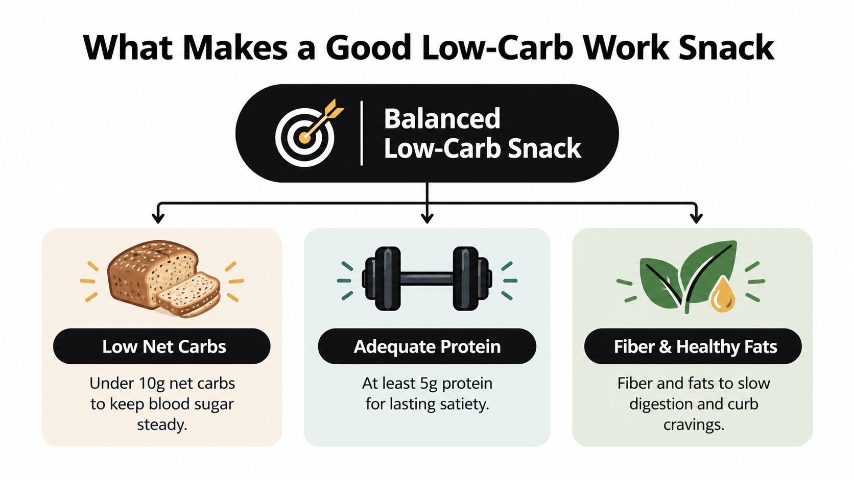 A diagram explaining the three key components of a healthy and balanced low-carb work snack.