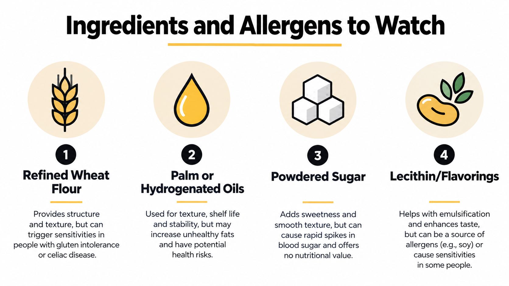An infographic detailing four common ingredients and allergens found in foods, specifically wheat, oils, sugar, and soy.