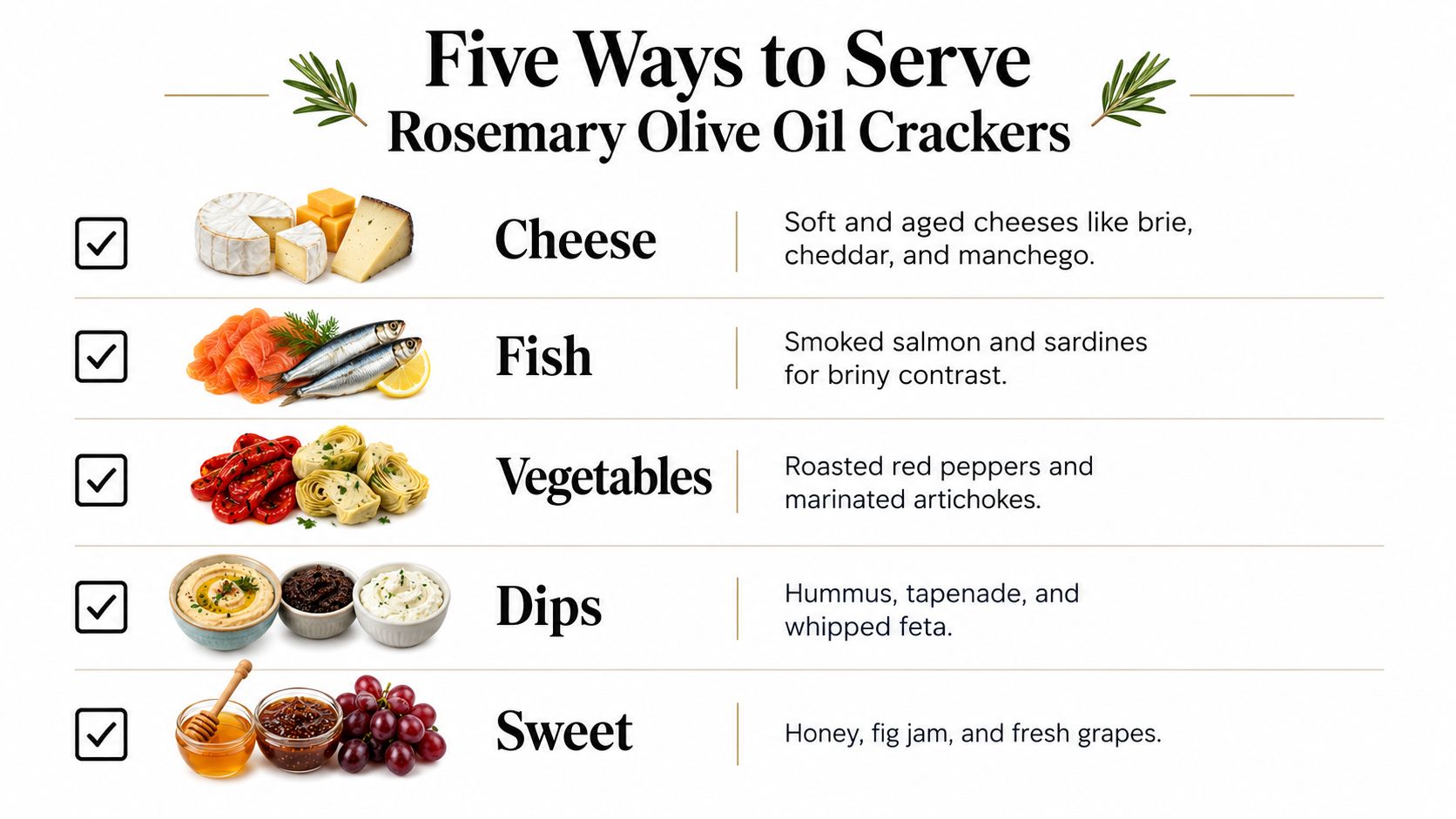 A culinary guide listing five delicious serving suggestions for rosemary olive oil crackers, including cheese, fish, vegetables, dips, and sweets.