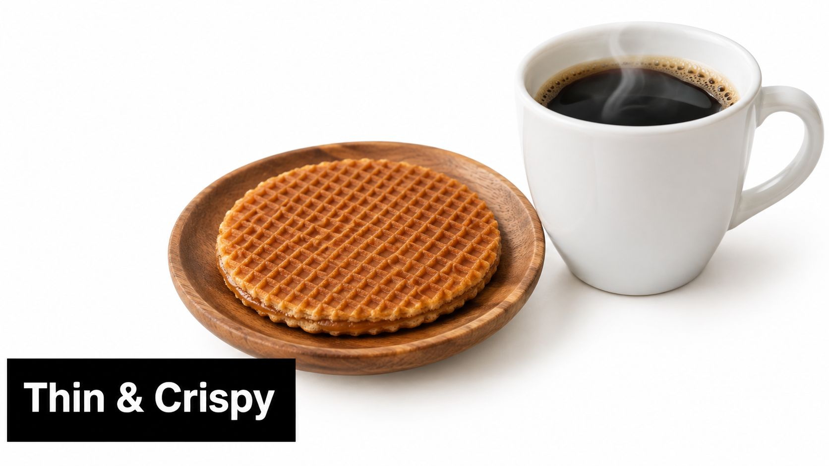 A fresh stroopwafel on a wooden plate next to a steaming white cup of black coffee.
