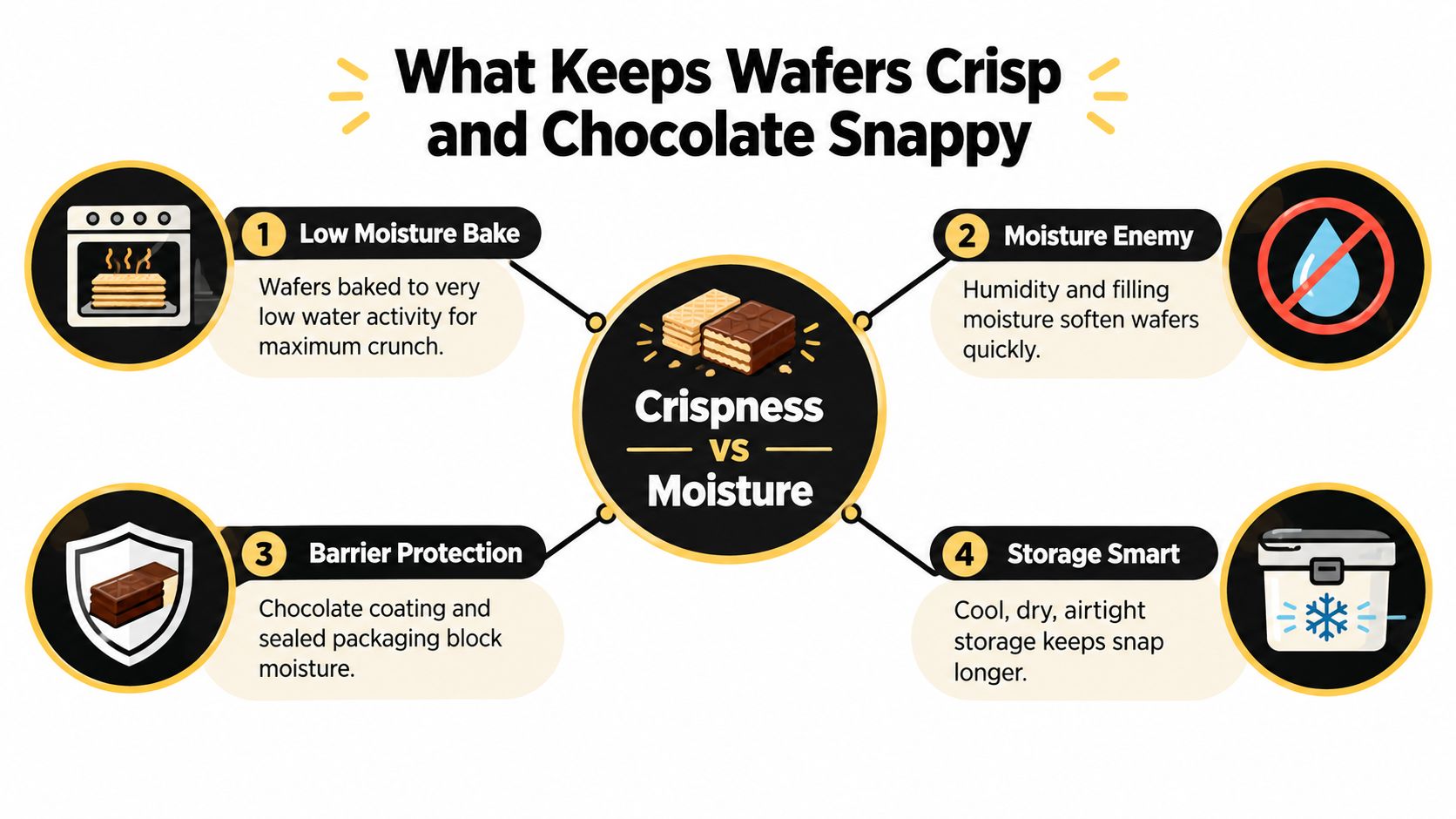 An infographic explaining how low moisture, barrier protection, and smart storage keep chocolate wafers crisp and crunchy.