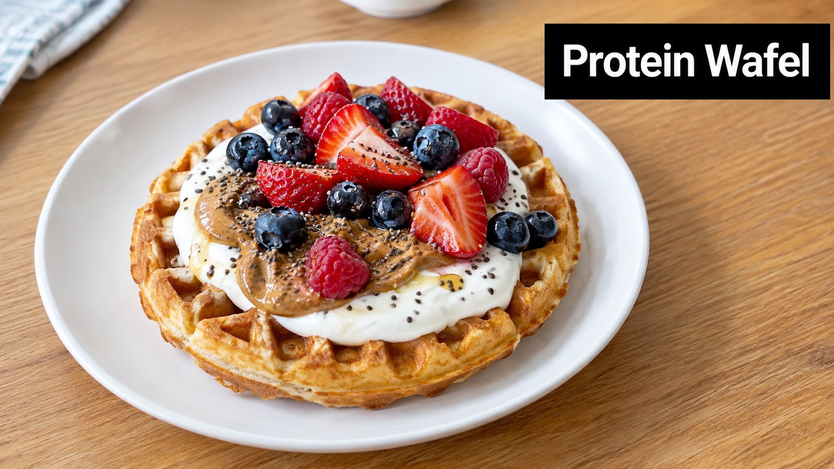 A healthy protein waffle topped with Greek yogurt, nut butter, fresh berries, and chia seeds on a plate.
