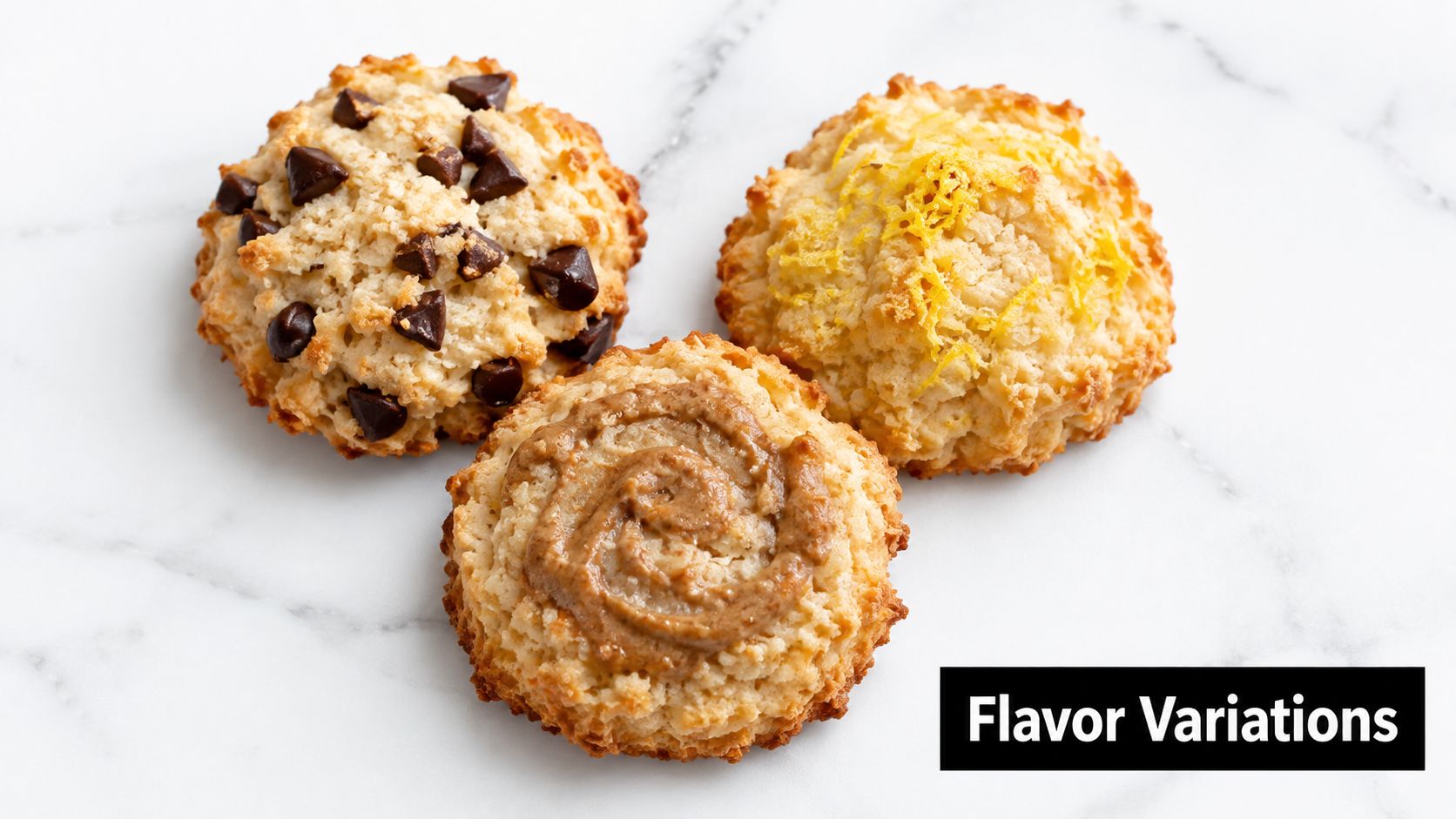 Three different coconut flour keto cookies with chocolate chips, lemon zest, and nut butter toppings.