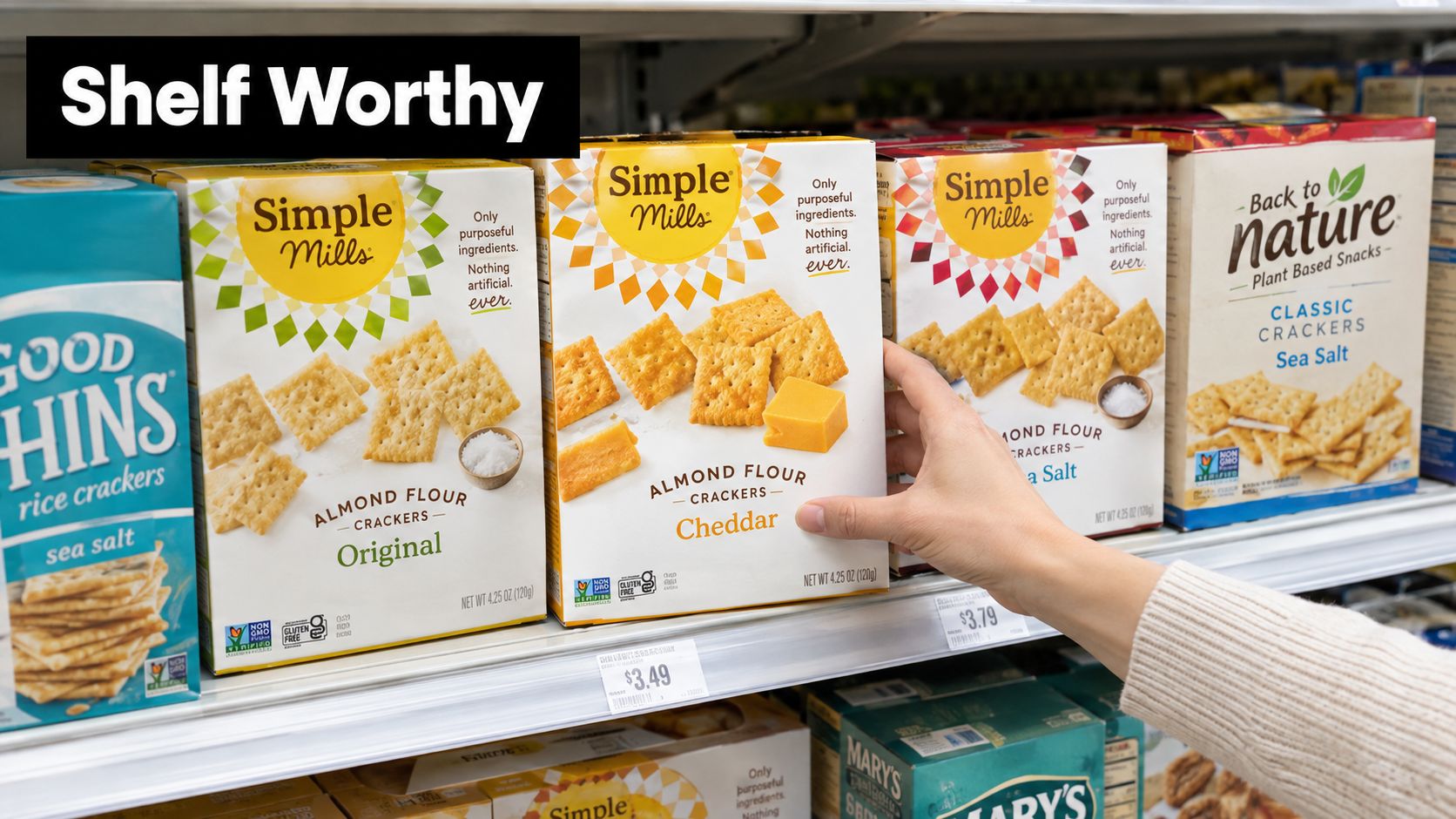 A hand reaching for a box of Simple Mills Almond Flour Cheddar Crackers on a grocery store shelf.