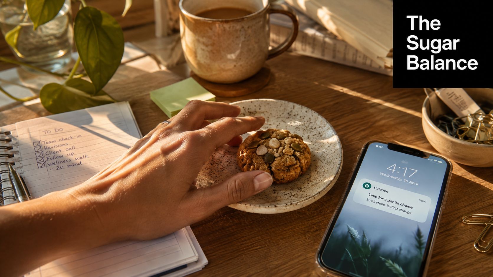 A hand reaching for a healthy cookie on a desk with a phone showing a mindful notification.