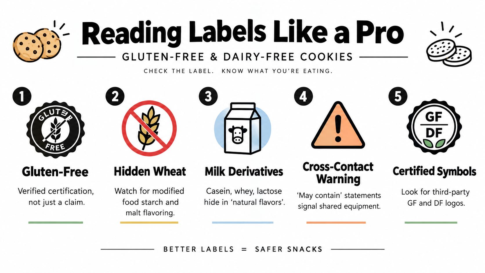 An infographic titled Reading Labels Like a Pro guiding on how to identify gluten-free and dairy-free cookies.