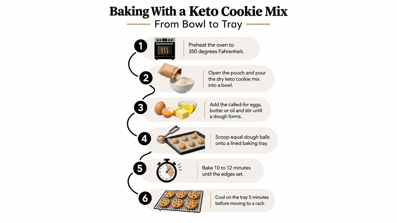 An infographic showing six easy steps for baking delicious keto cookies using a prepared cookie mix.