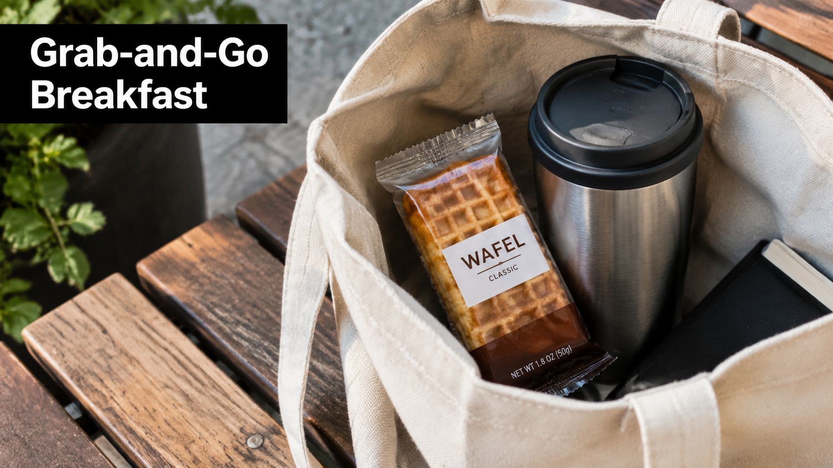 A canvas tote bag containing a packaged waffle and a travel mug sitting on a wooden bench.