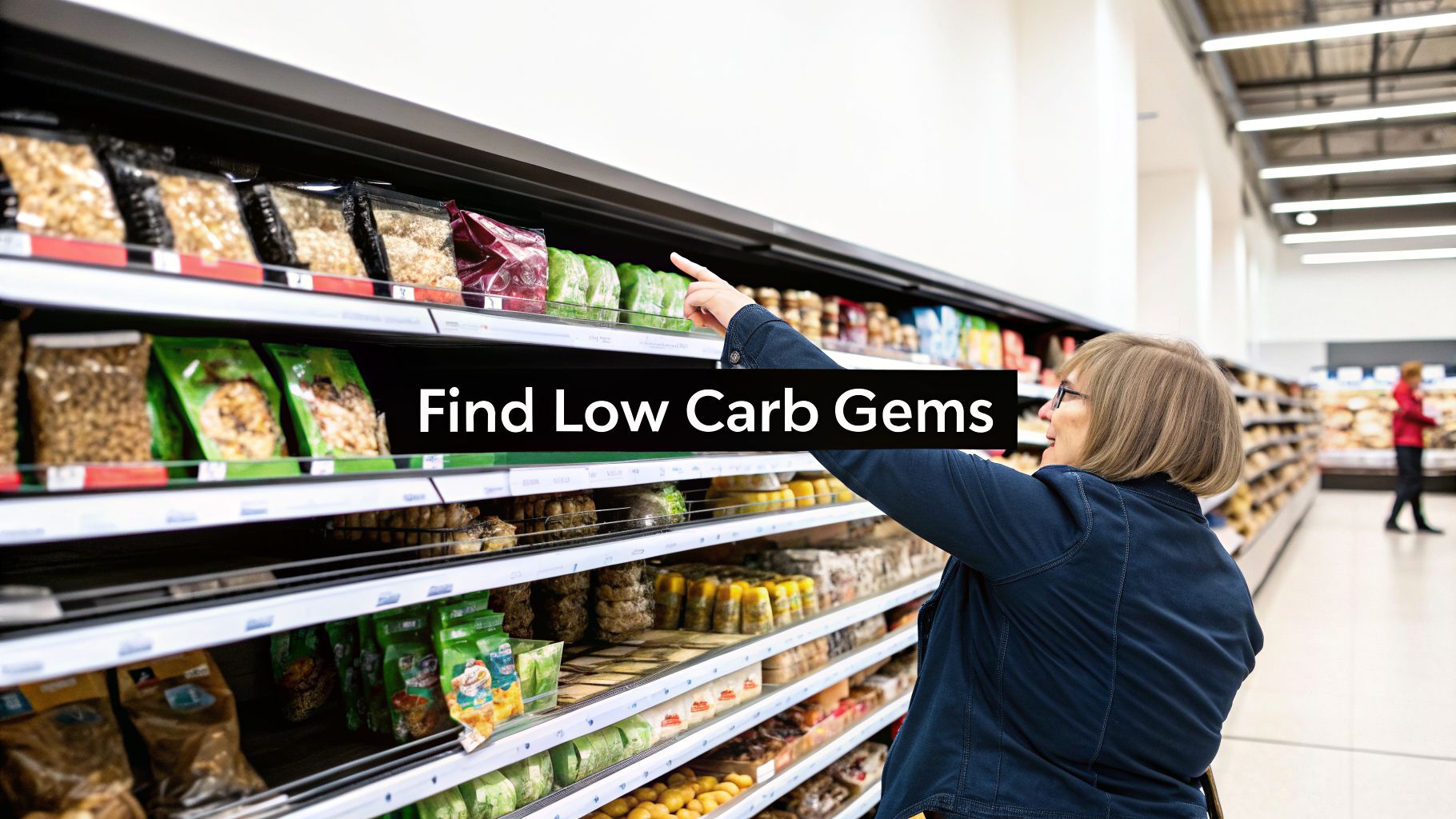 A woman in a supermarket aisle points at products on a shelf, finding low carb options.