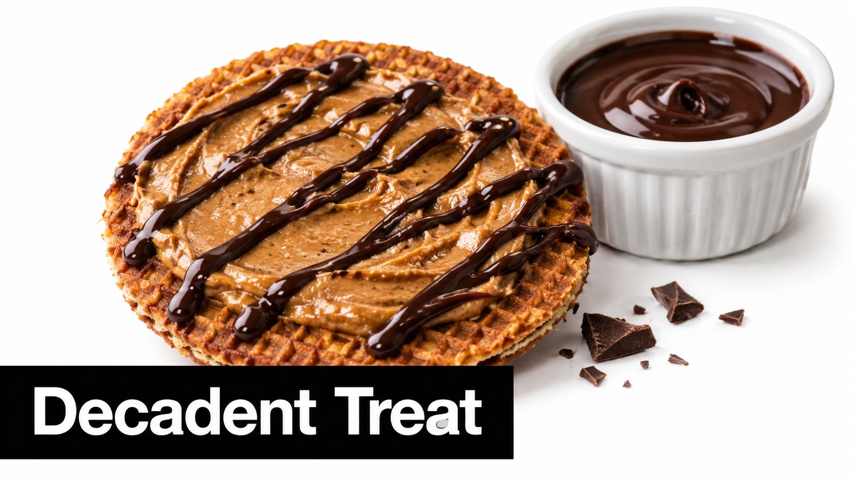 A crisp waffle topped with peanut butter and chocolate drizzle next to a bowl of chocolate sauce.