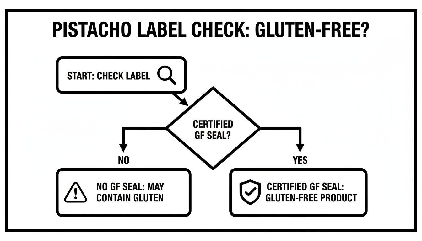 Flowchart guiding users on how to check pistachio labels for gluten-free certification.