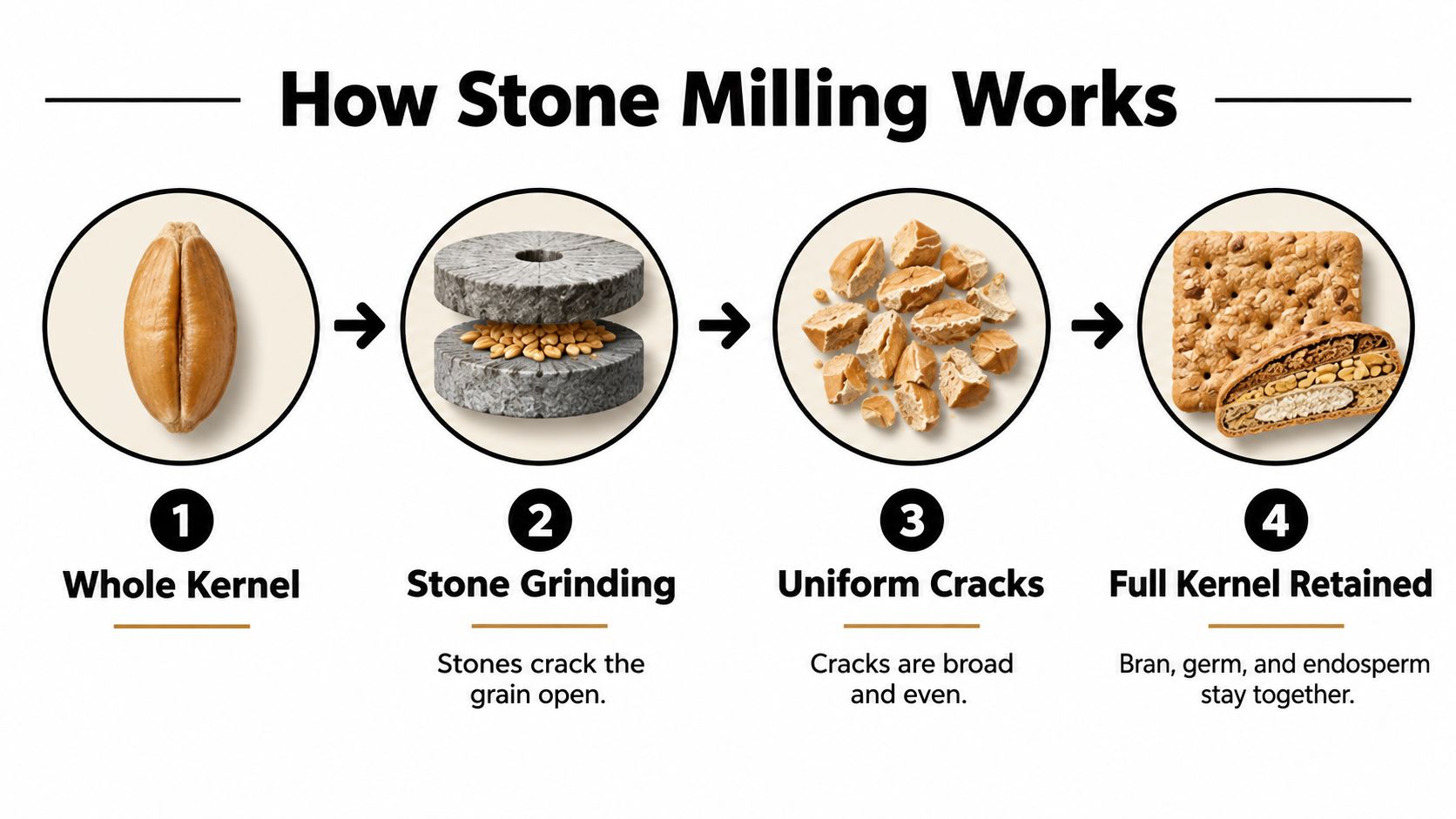 A diagram illustrating the four steps of the stone milling process for whole grain crackers.
