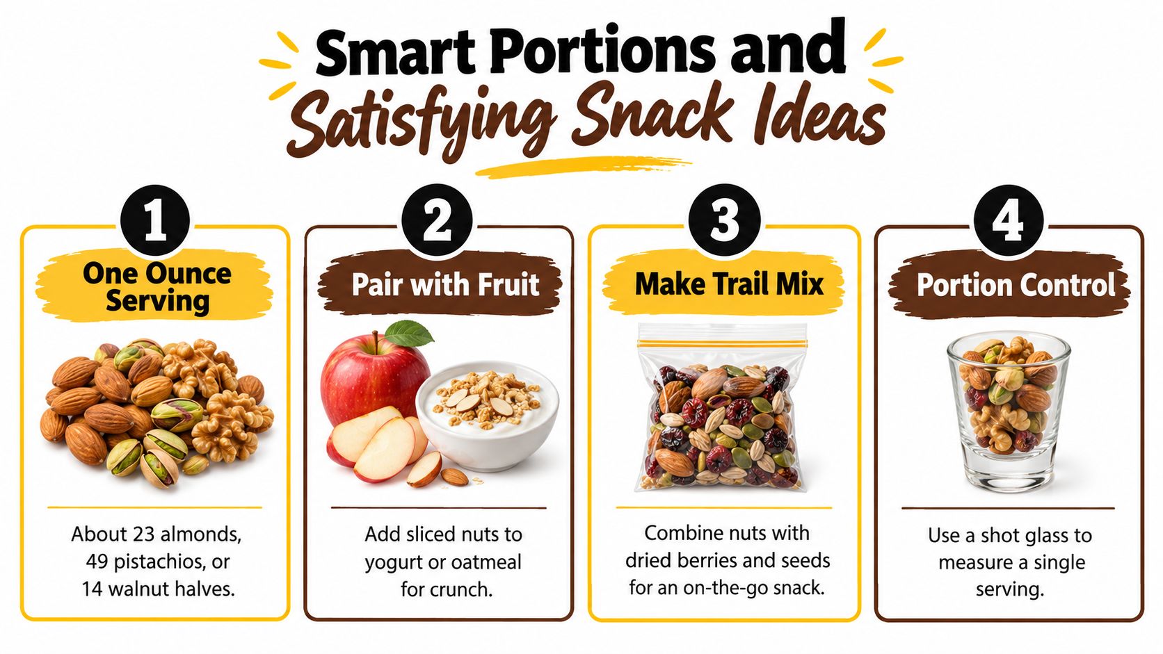 An infographic titled Smart Portions and Satisfying Snack Ideas, showing four tips for eating healthy nut servings.