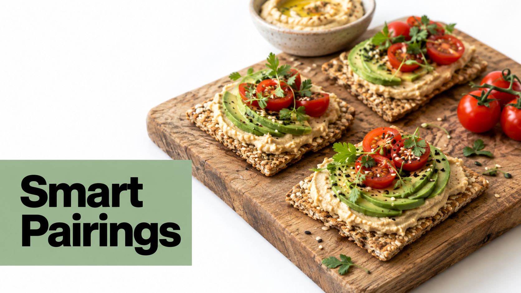 Three crunchy multigrain crackers topped with creamy hummus, sliced avocado, cherry tomatoes, and fresh parsley herbs.