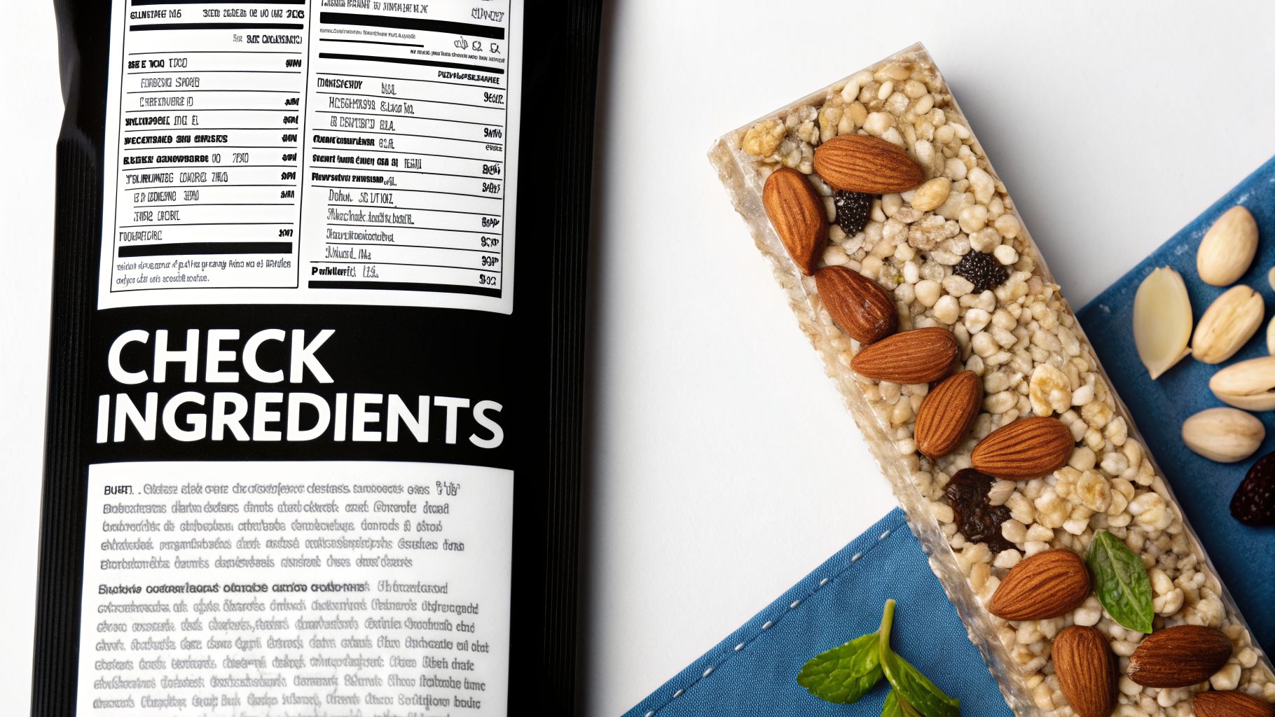 A top-down view of a healthy granola bar with almonds, raisins, and mint leaves, beside a black package with text.