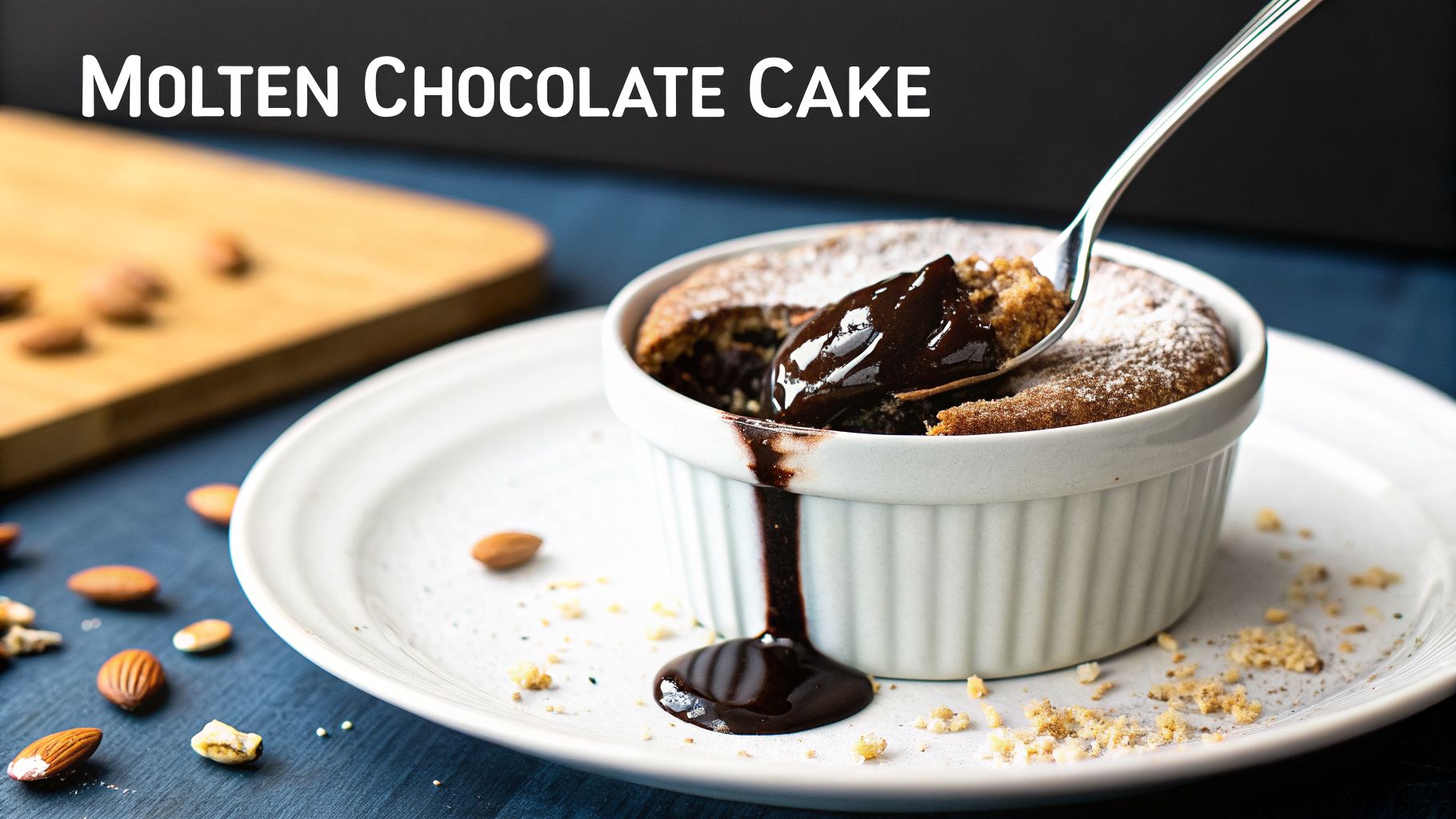 A delicious molten chocolate cake with a spoon scooping out the gooey center, served on a white plate with almonds.