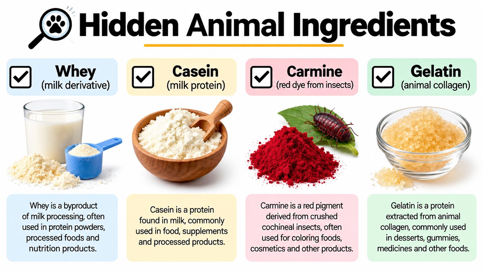 An infographic detailing common hidden animal ingredients including whey, casein, carmine, and gelatin with explanations for each.