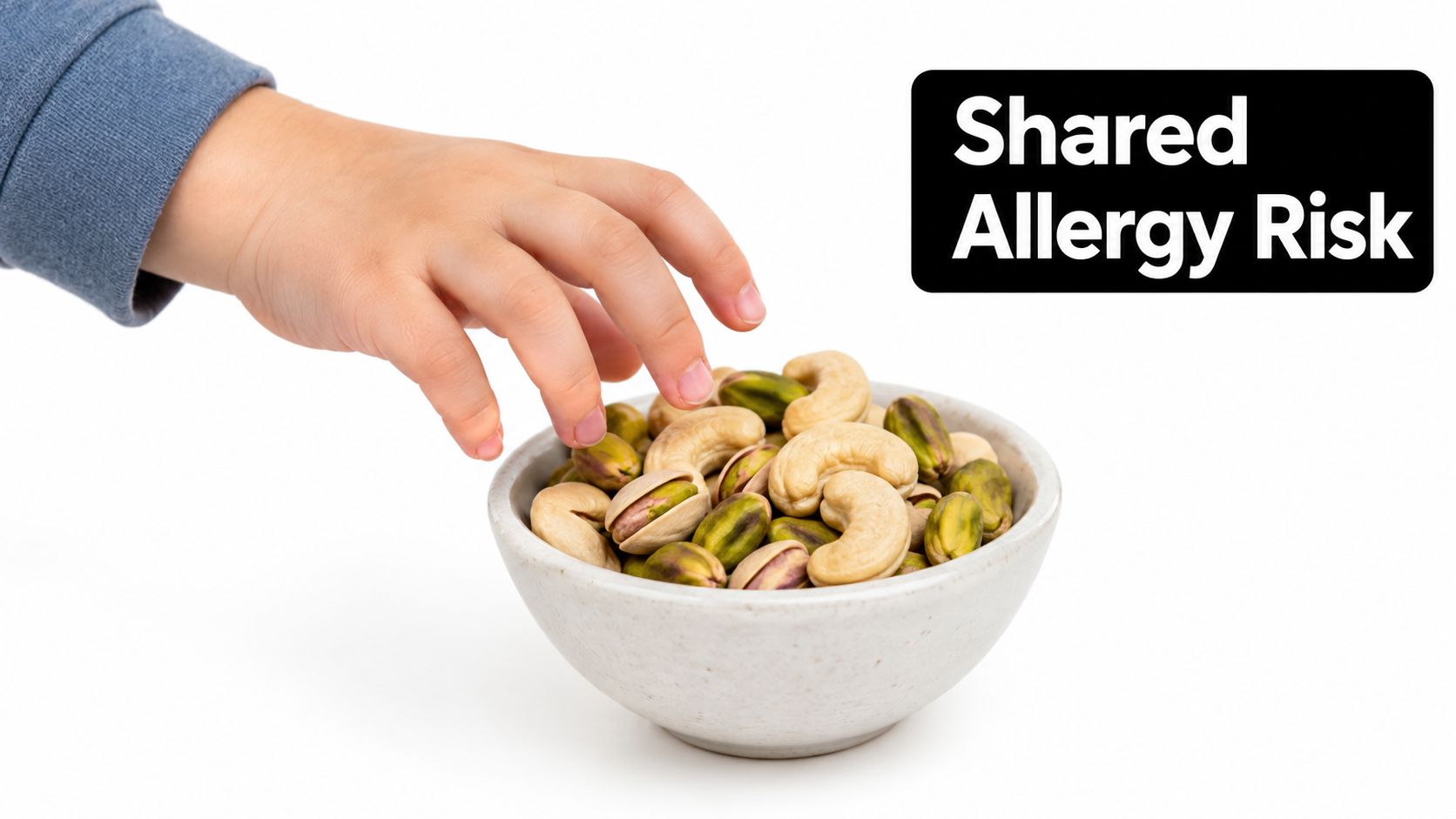 A child's hand reaches for a bowl filled with cashews and pistachios on a white background.