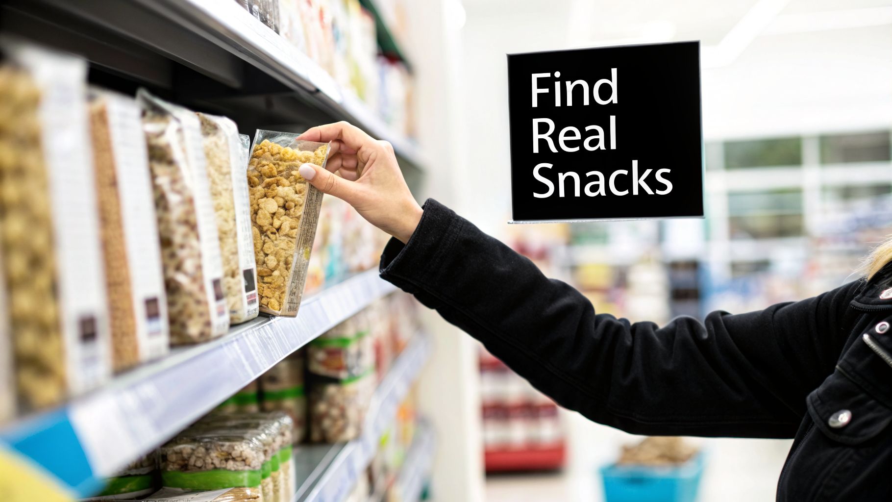 A person's hand picks a package of granola from a supermarket shelf, with a 'Find Real Snacks' sign.