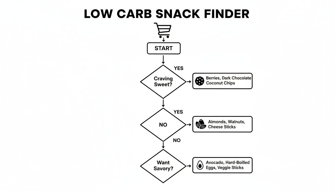A low carb snack finder flowchart guiding users to sweet, nutty, or savory snack options.